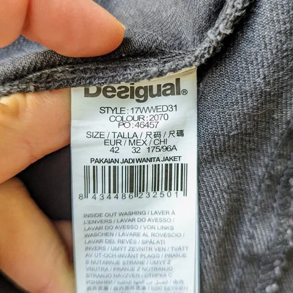 Desigual Gabrielle Black Denim Velvet Floral Jean Jacket size 42